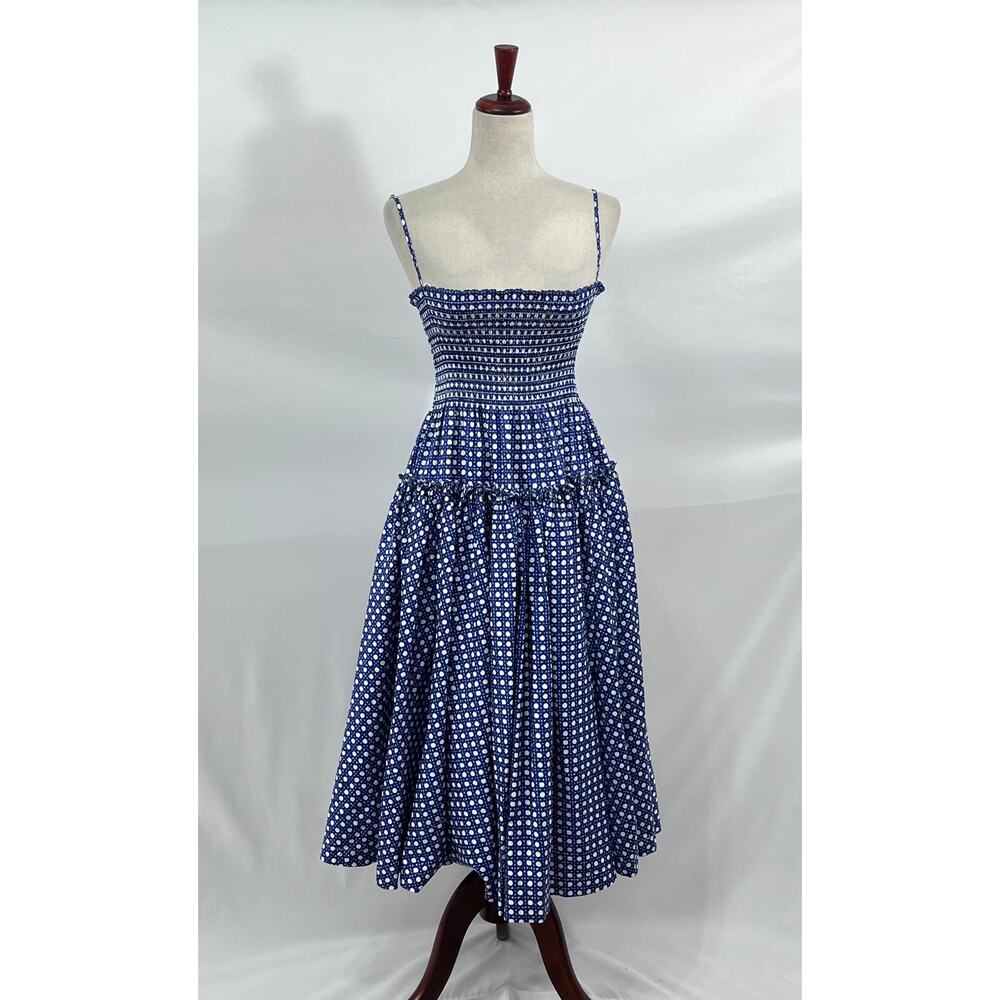 HILL HOUSE Sz XS Blue Basketweave Print Seraphina Midi Dress - Picture 7 of 11